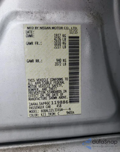 2016 Nissan Altima 2.5 из США, поврежденный, VIN 1N4AL3AP4GC119886